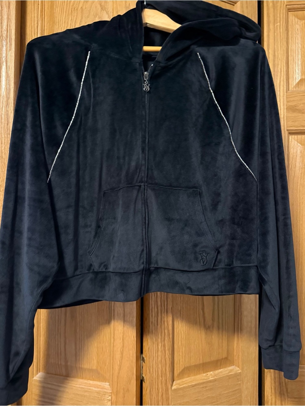 Victoria's Secret Black Velour Zip Hoodie with Rhinestone Trim